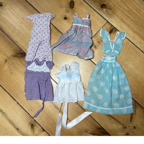 Vintage Lot of 6 Doll Clothes/Dresses. Purple/Blues/Dots. 12inch? - Picture 1 of 12